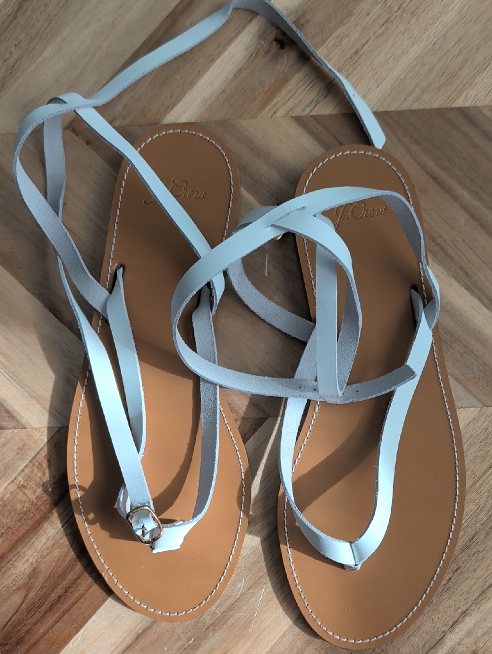 EUC J. Crew White Leather Vachetta Thong Wrap Sandals with Tan Footbed